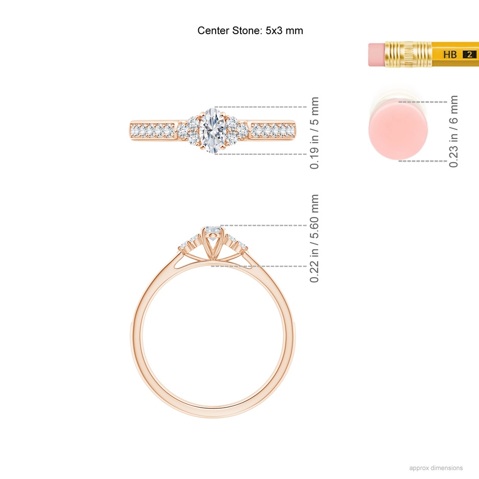 5x3mm GVS2 Oval Diamond Engagement Ring with Trio Accents in Rose Gold ruler