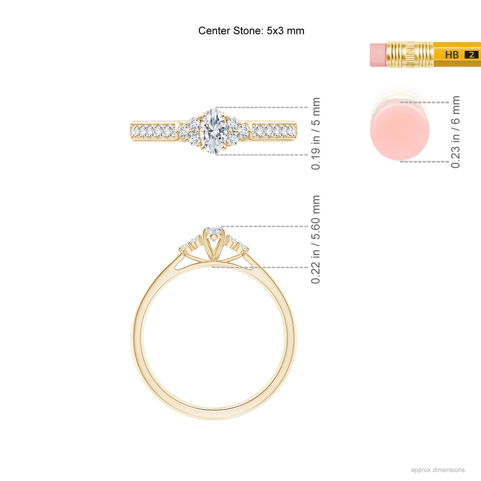 5x3mm GVS2 Oval Diamond Engagement Ring with Trio Accents in Yellow Gold ruler