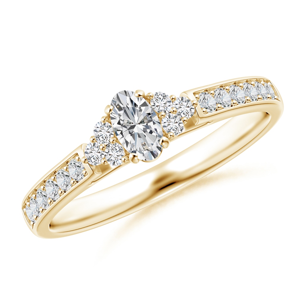 5x3mm HSI2 Oval Diamond Engagement Ring with Trio Accents in Yellow Gold