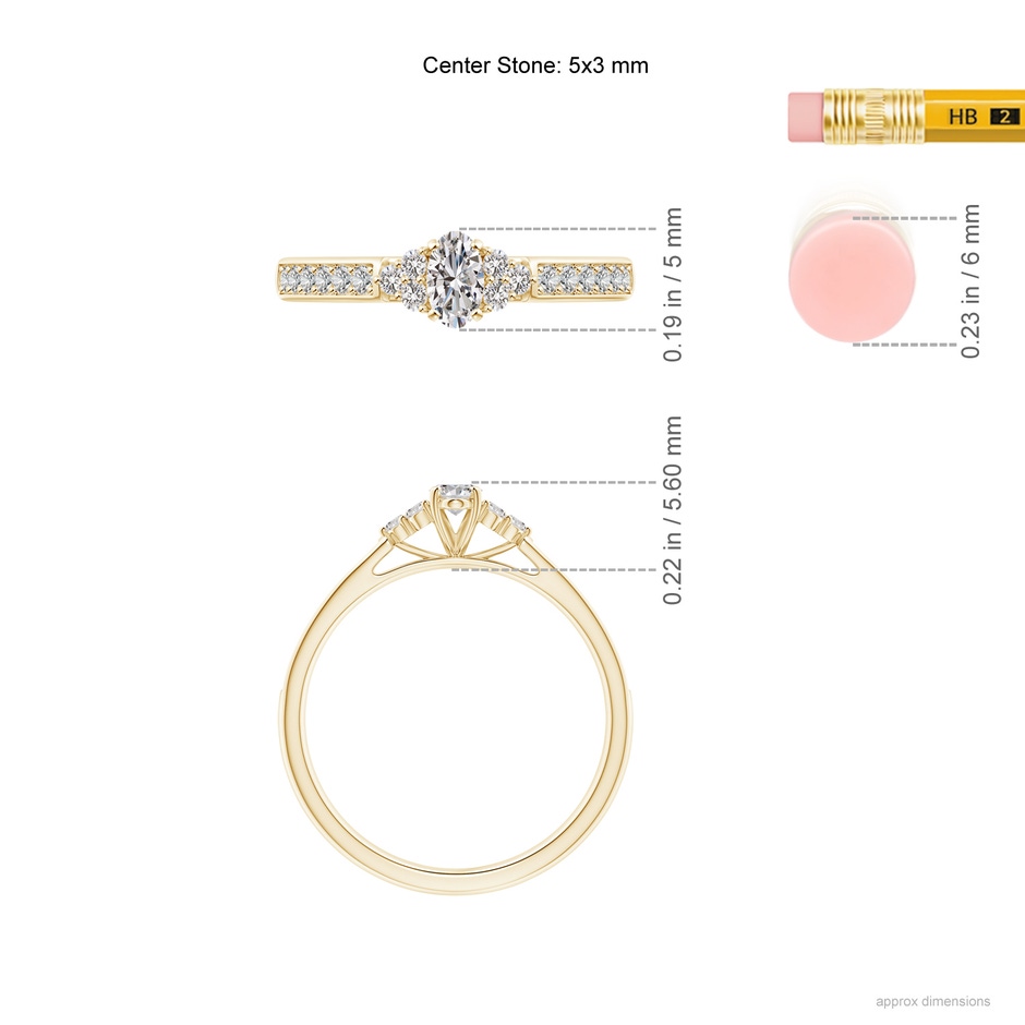 5x3mm IJI1I2 Oval Diamond Engagement Ring with Trio Accents in Yellow Gold ruler