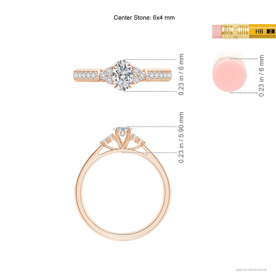 6x4mm HSI2 Oval Diamond Engagement Ring with Trio Accents in Rose Gold ruler