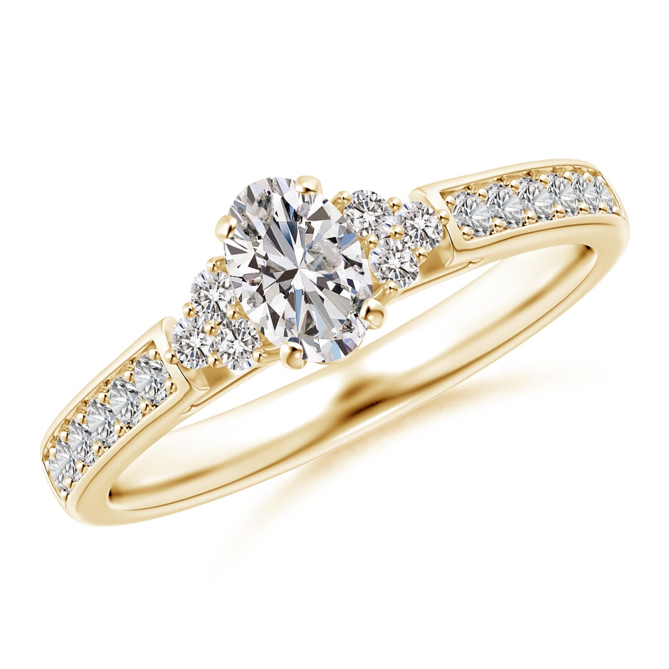 6x4mm IJI1I2 Oval Diamond Engagement Ring with Trio Accents in Yellow Gold 