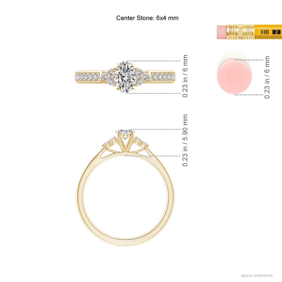 6x4mm IJI1I2 Oval Diamond Engagement Ring with Trio Accents in Yellow Gold ruler