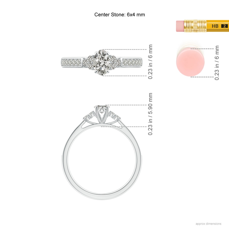 6x4mm KI3 Oval Diamond Engagement Ring with Trio Accents in White Gold ruler