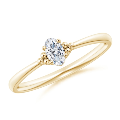 5x3mm GVS2 Solitaire Oval Diamond Beaded Engagement Ring in Yellow Gold
