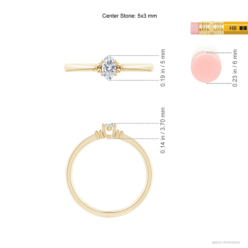 5x3mm GVS2 Solitaire Oval Diamond Beaded Engagement Ring  in Yellow Gold ruler