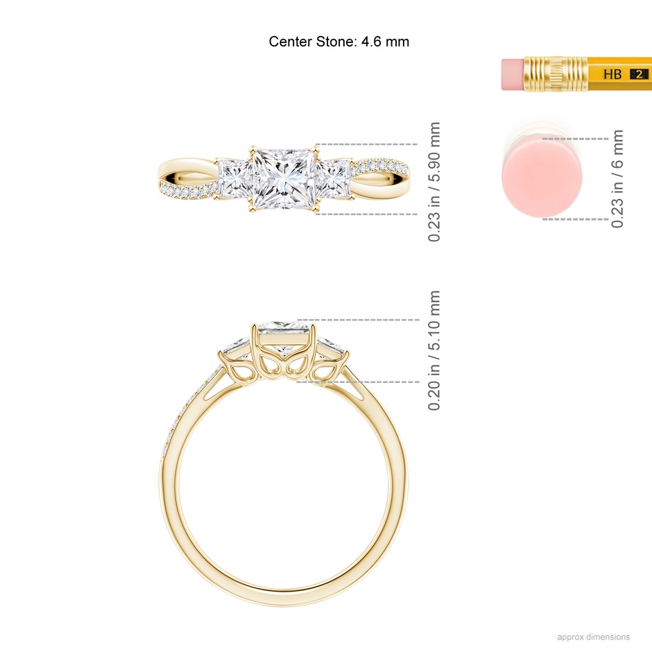4.6mm GVS2 Three Stone Princess-Cut Diamond Criss-Cross Shank Ring in Yellow Gold ruler