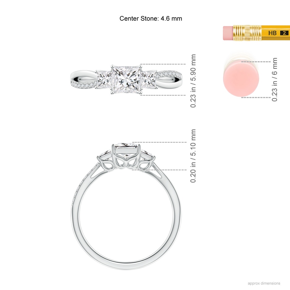 4.6mm HSI2 Three Stone Princess-Cut Diamond Criss-Cross Shank Ring in White Gold ruler