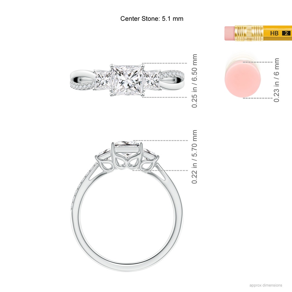 5.1mm HSI2 Three Stone Princess-Cut Diamond Criss-Cross Shank Ring in White Gold ruler