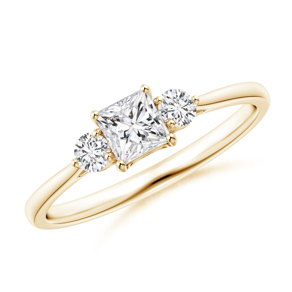 4mm HSI2 Princess-Cut and Round Diamond Three Stone Ring in Yellow Gold