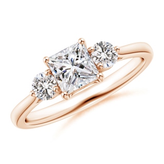 5mm IJI1I2 Princess-Cut and Round Diamond Three Stone Ring in Rose Gold