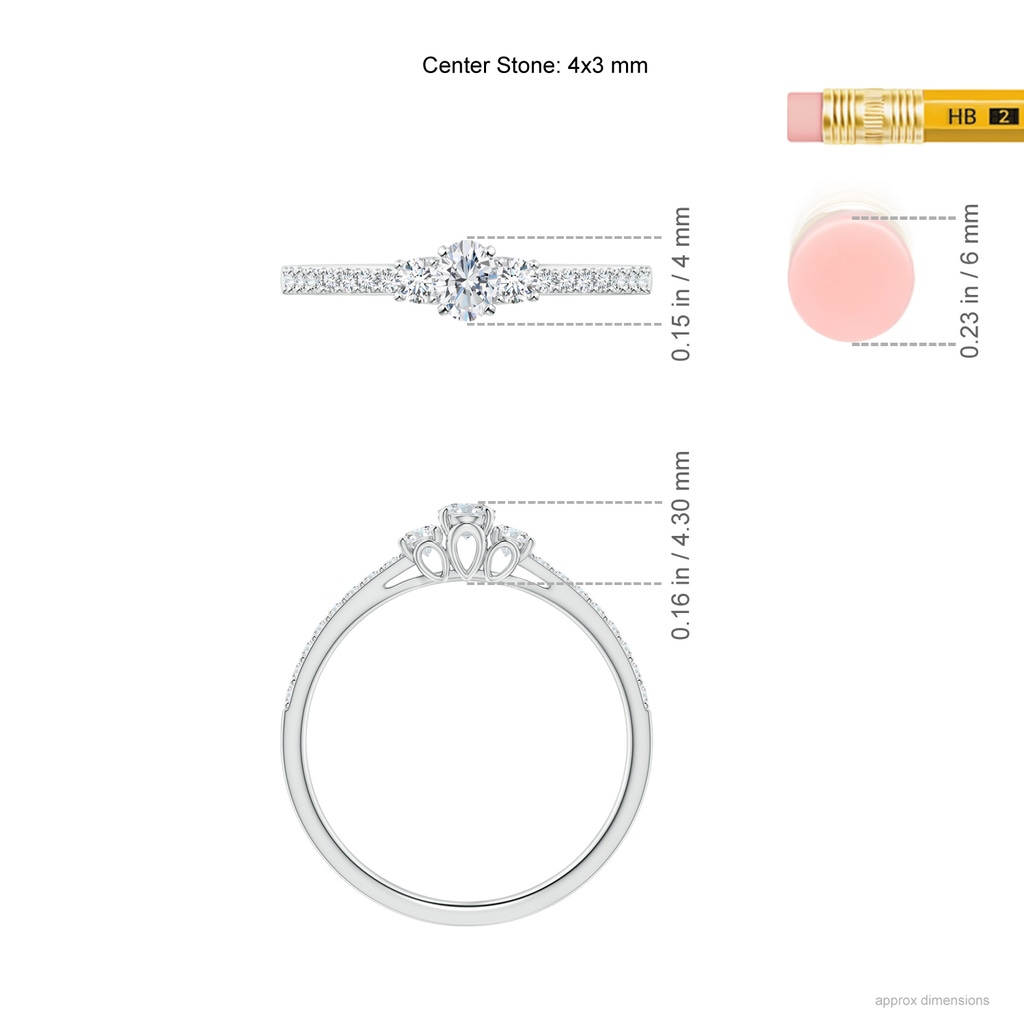 4x3mm GVS2 Oval and Round Diamond Three Stone Ring with Accents in P950 Platinum Ruler