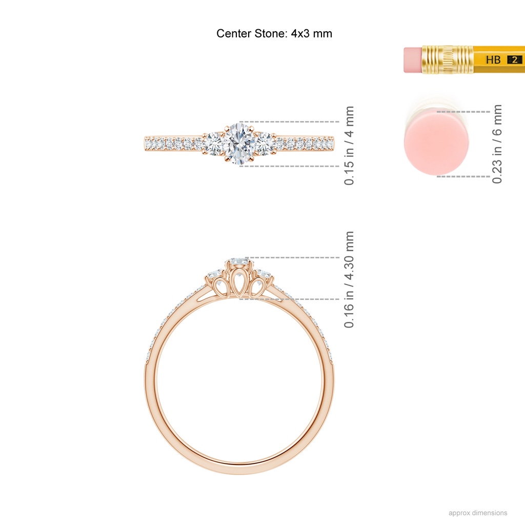 4x3mm GVS2 Oval and Round Diamond Three Stone Ring with Accents in Rose Gold Ruler
