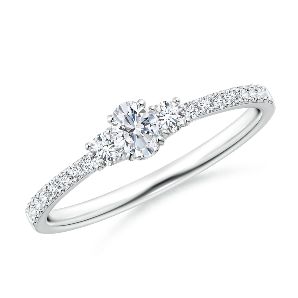 4x3mm GVS2 Oval and Round Diamond Three Stone Ring with Accents in White Gold