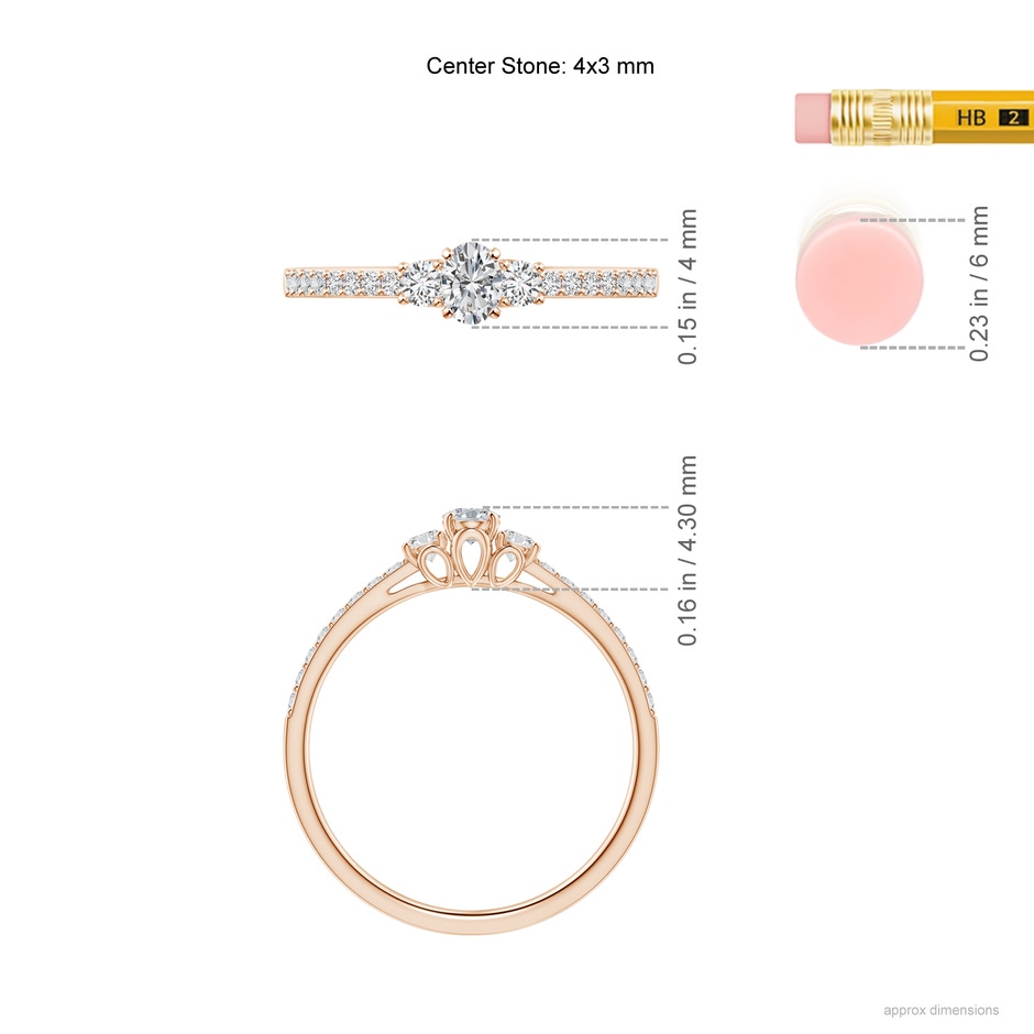 4x3mm HSI2 Oval and Round Diamond Three Stone Ring with Accents in Rose Gold ruler