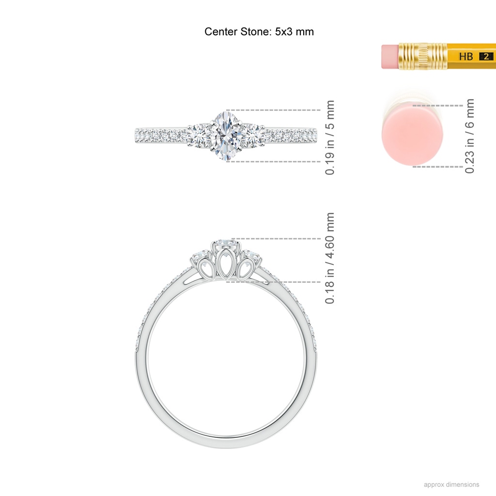 5x3mm GVS2 Oval and Round Diamond Three Stone Ring with Accents in P950 Platinum Ruler