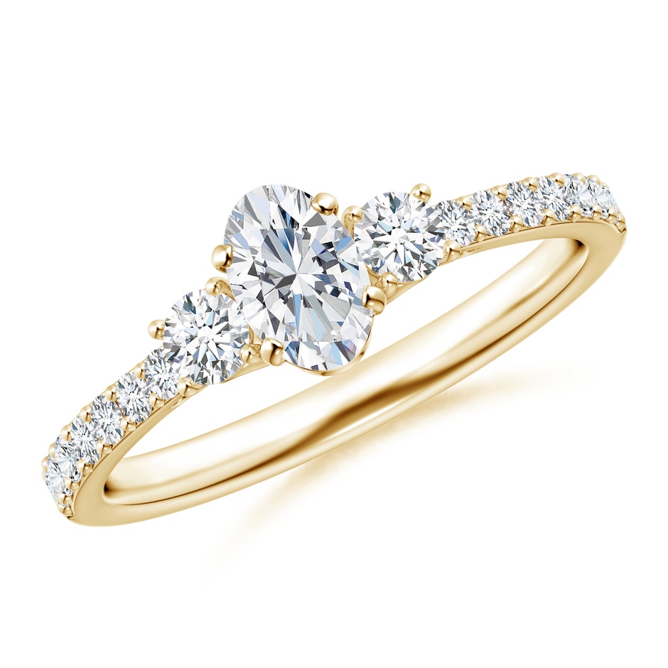 6x4mm GVS2 Oval and Round Diamond Three Stone Ring with Accents in Yellow Gold 