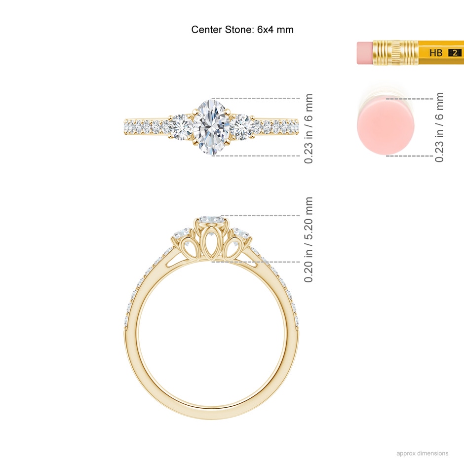 6x4mm GVS2 Oval and Round Diamond Three Stone Ring with Accents in Yellow Gold ruler