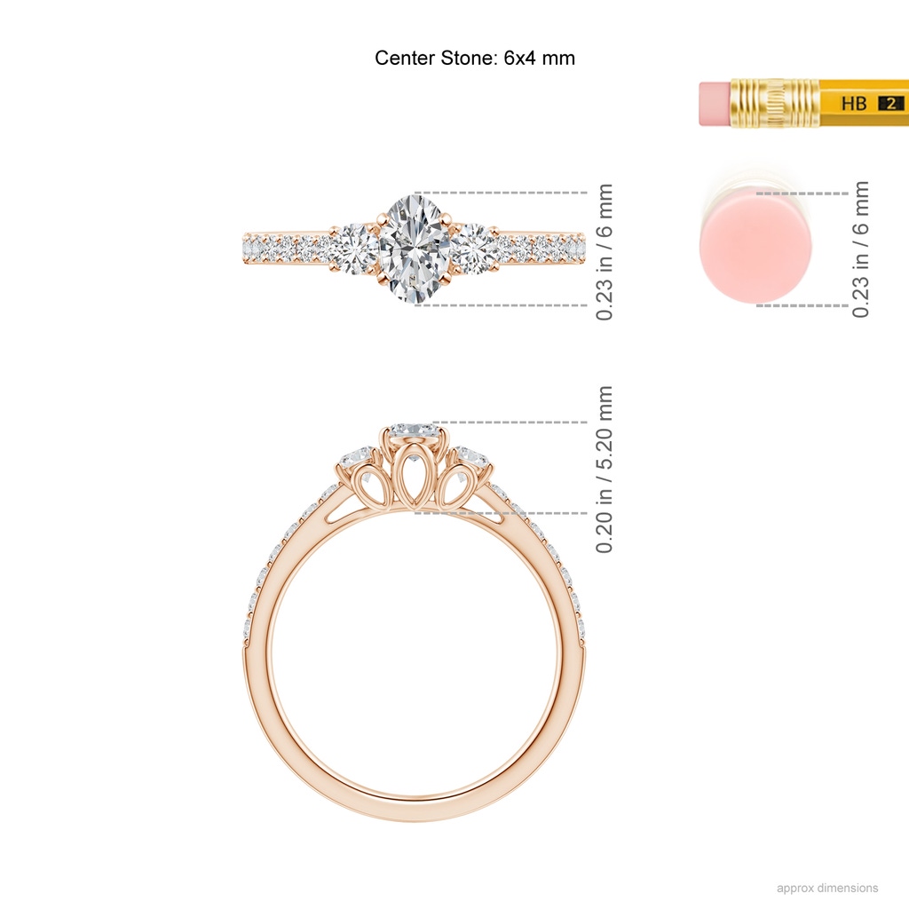 6x4mm HSI2 Oval and Round Diamond Three Stone Ring with Accents in Rose Gold Ruler