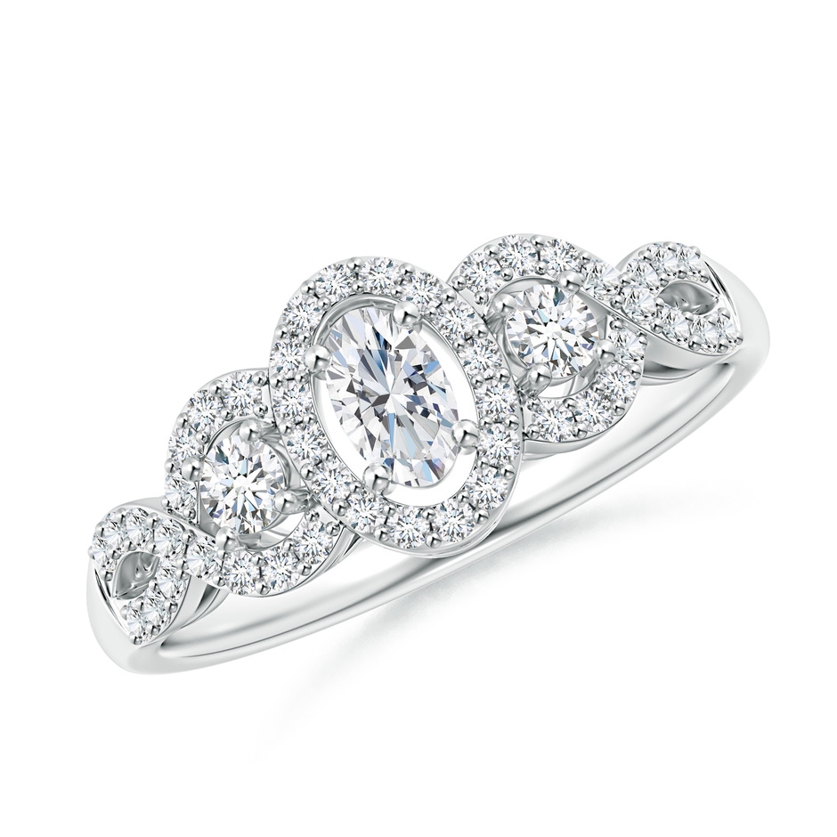 5x3mm GVS2 Oval and Round Diamond Three Stone Ring with Halo in White Gold 