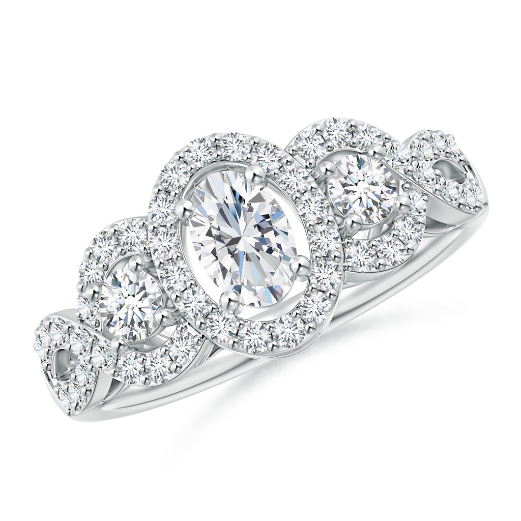 6x4mm GVS2 Oval and Round Diamond Three Stone Ring with Halo in P950 Platinum