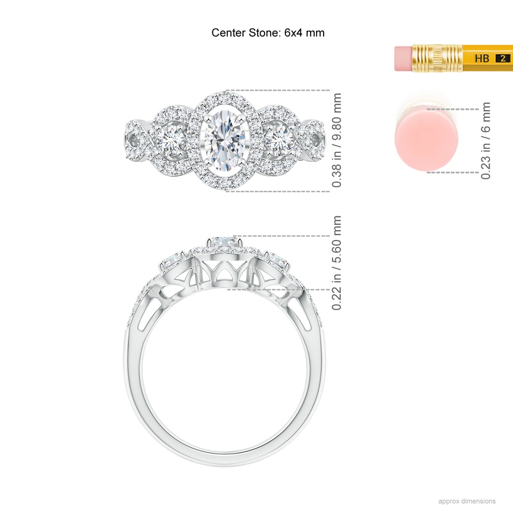 6x4mm GVS2 Oval and Round Diamond Three Stone Ring with Halo in P950 Platinum Ruler