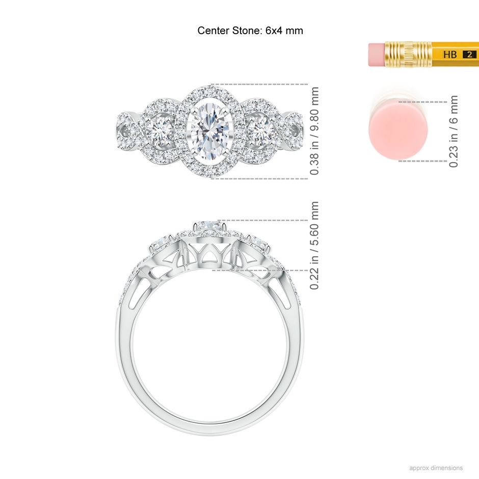 6x4mm GVS2 Oval and Round Diamond Three Stone Ring with Halo in P950 Platinum ruler