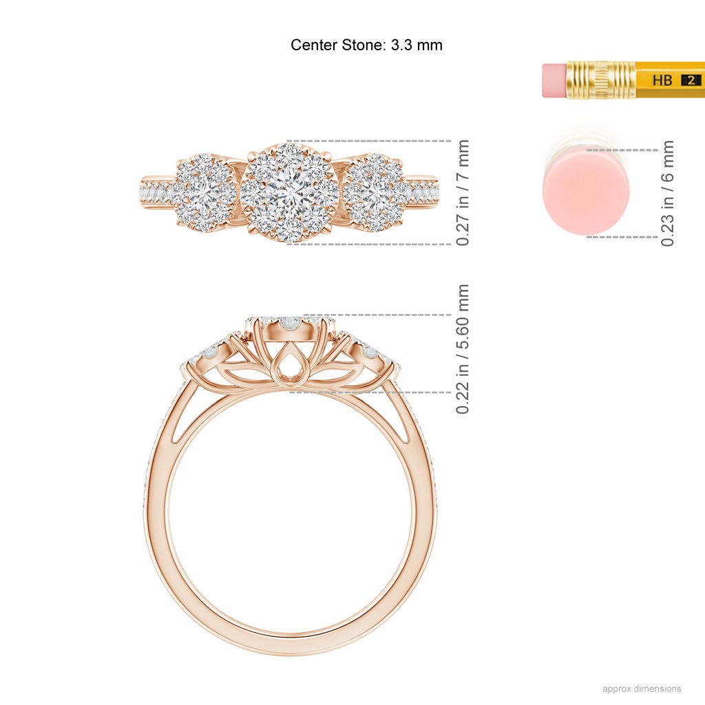 3.3mm HSI2 Composite Round Diamond Three Stone Ring with accents in Rose Gold Ruler