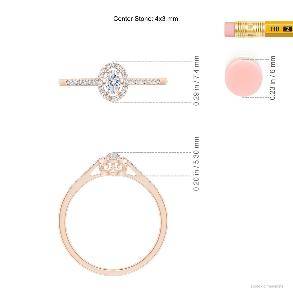 4x3mm GVS2 Oval Diamond Halo Engagement Ring with Accents in Rose Gold ruler