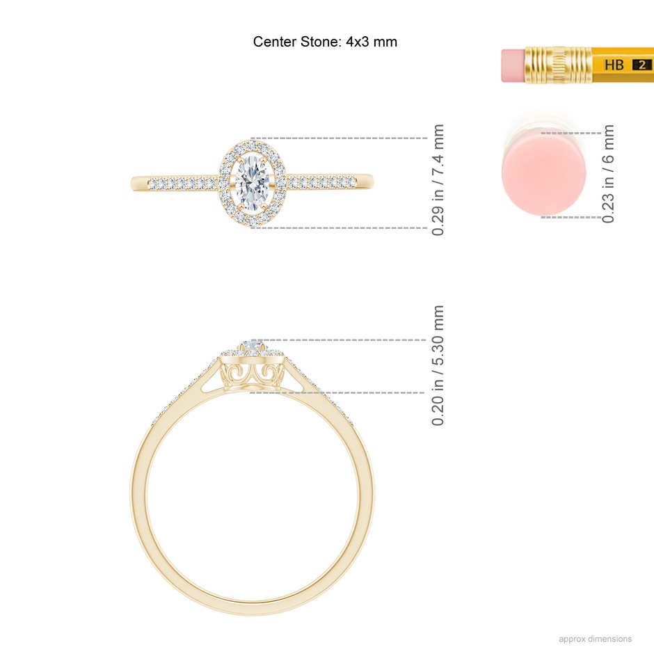 4x3mm GVS2 Oval Diamond Halo Engagement Ring with Accents in Yellow Gold ruler
