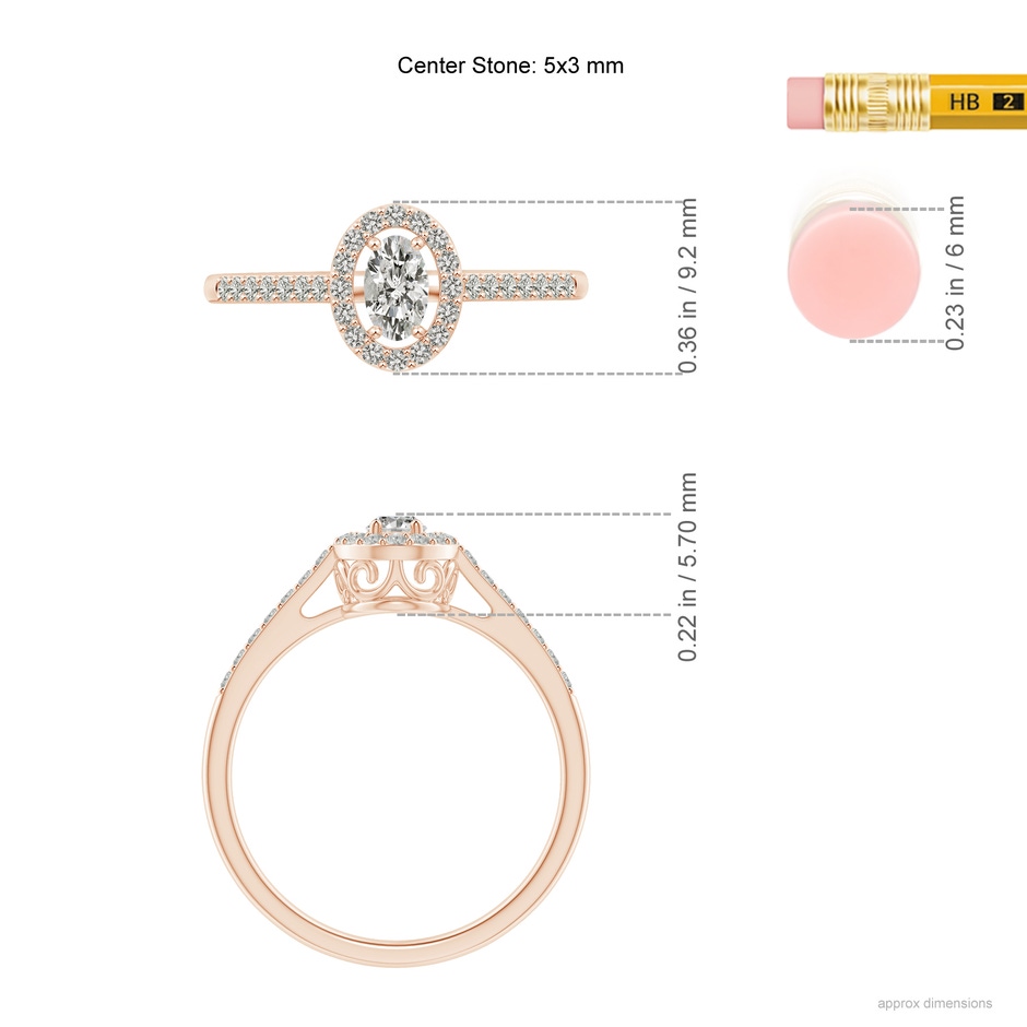 5x3mm KI3 Oval Diamond Halo Engagement Ring with Accents in Rose Gold ruler