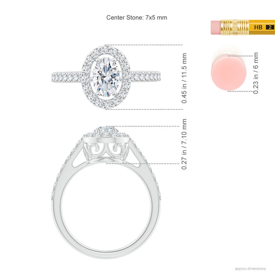 7x5mm GVS2 Oval Diamond Halo Engagement Ring with Accents in P950 Platinum ruler