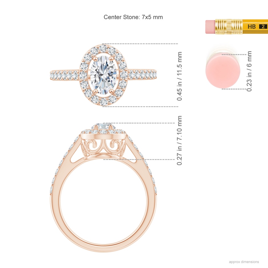 7x5mm GVS2 Oval Diamond Halo Engagement Ring with Accents in Rose Gold ruler