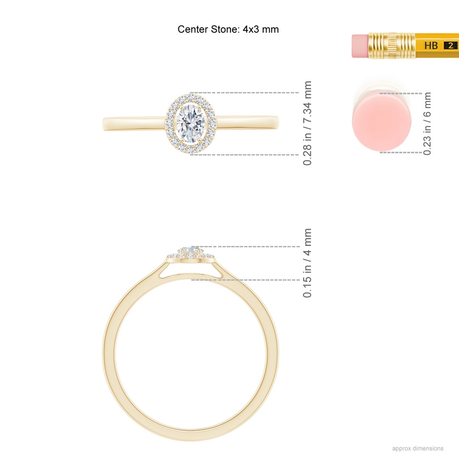 4x3mm GVS2 Oval Diamond Halo Engagement Ring in Yellow Gold ruler