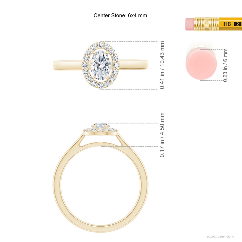 6x4mm GVS2 Oval Diamond Halo Engagement Ring in Yellow Gold ruler