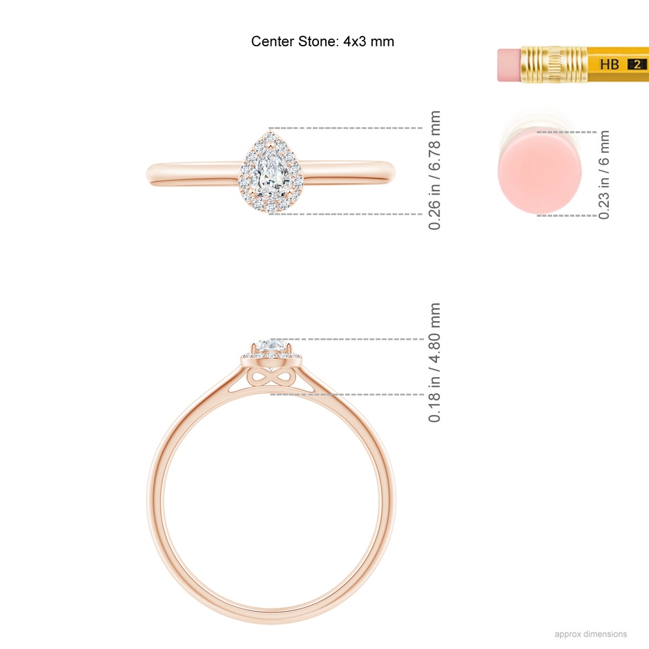 4x3mm GVS2 Pear-Shaped Diamond Halo Engagement Ring in Rose Gold ruler