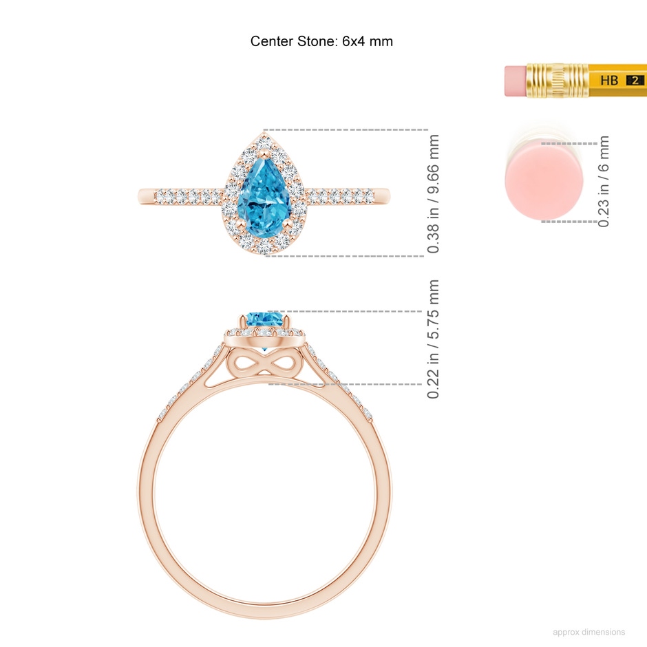 6x4mm AAAA Pear-Shaped Fancy Intense Blue Diamond Halo Engagement Ring with Accents in Rose Gold ruler