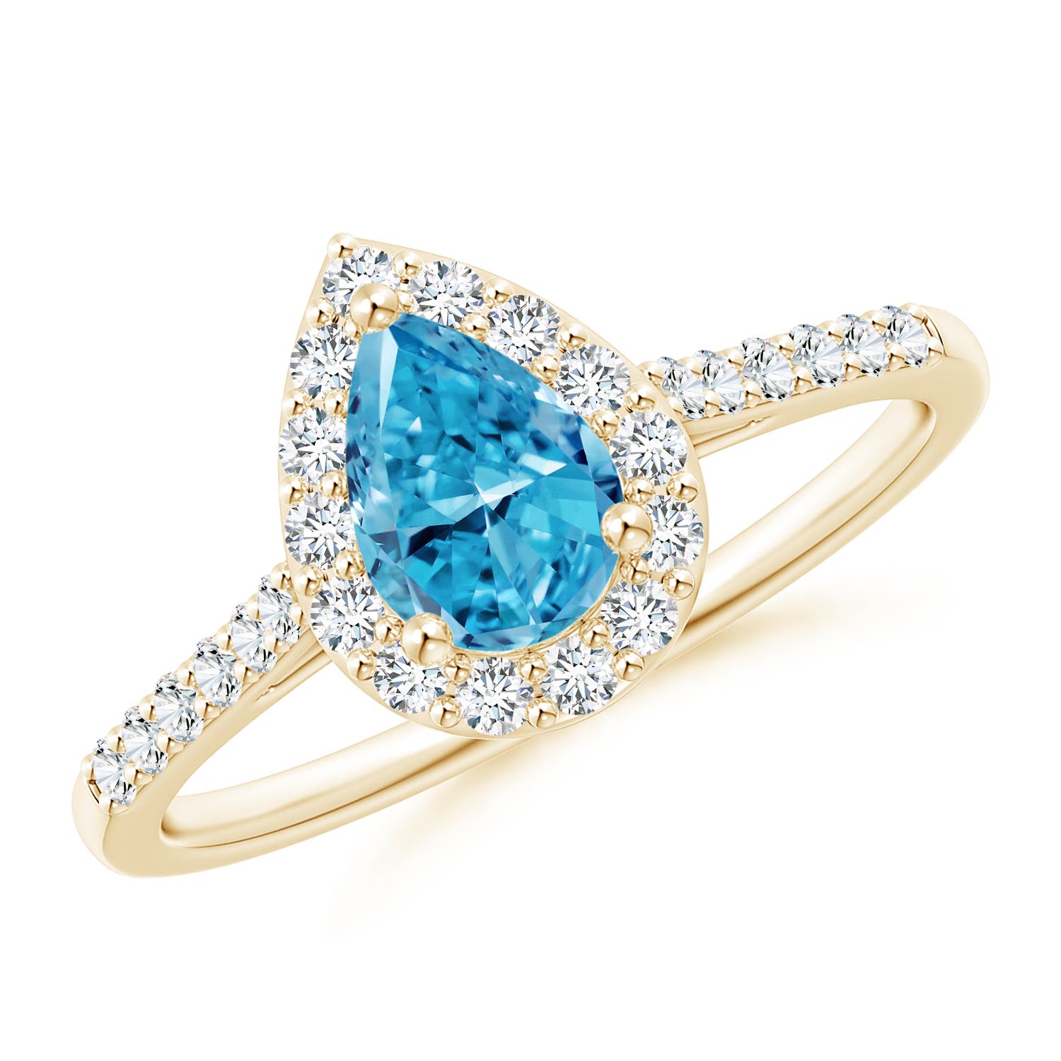 Angara 1.0 CTW Pear-Shaped Fancy Intense Blue Diamond Halo Engagement Ring with Accents in 18K Yellow Gold