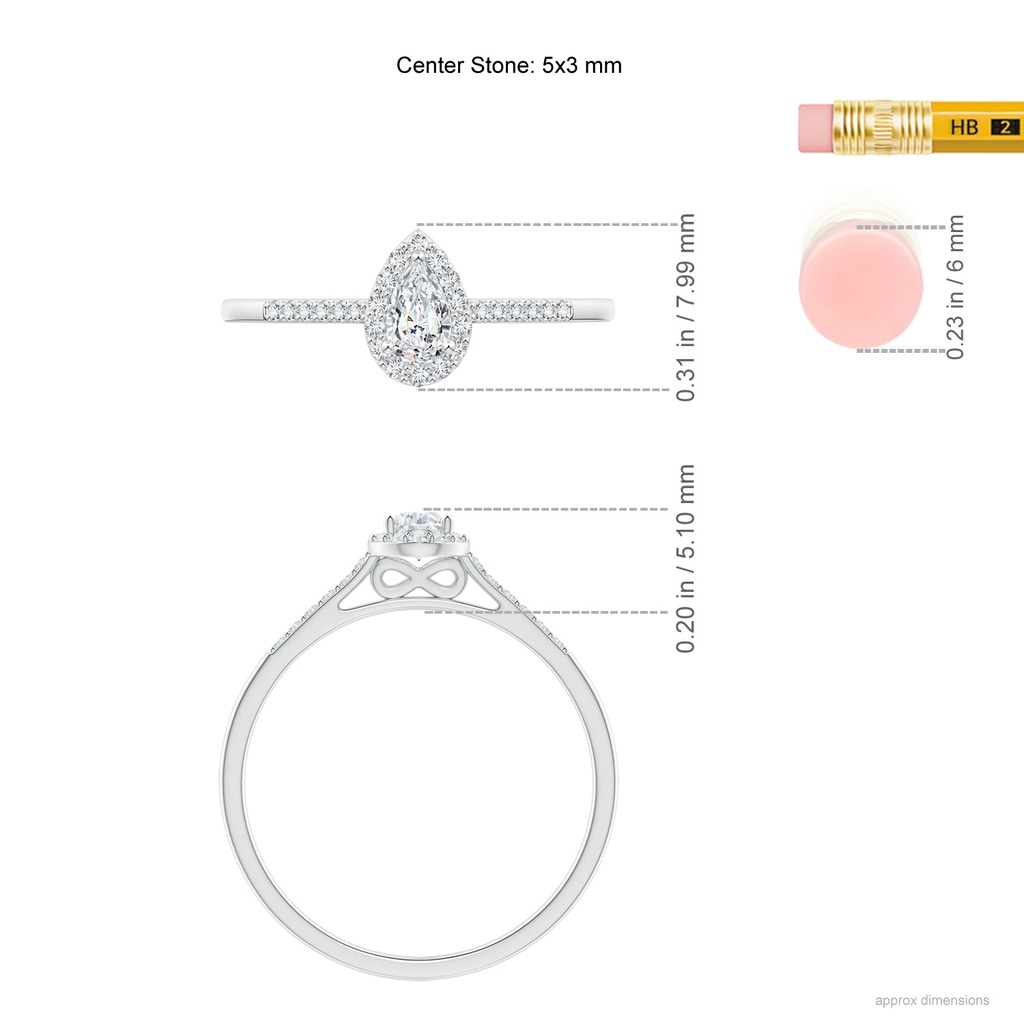5x3mm GVS2 Pear-Shaped Diamond Halo Engagement Ring with Accents in White Gold Ruler