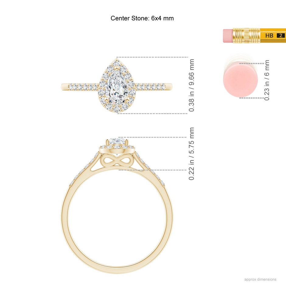 6x4mm GVS2 Pear-Shaped Diamond Halo Engagement Ring with Accents in Yellow Gold ruler