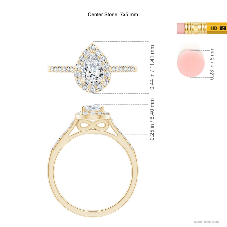 7x5mm GVS2 Pear-Shaped Diamond Halo Engagement Ring with Accents in Yellow Gold ruler