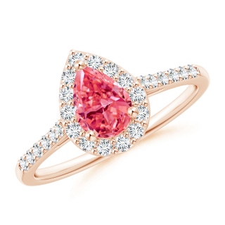 7x5mm AAAA Pear-Shaped Fancy Intense Pink Diamond Halo Engagement Ring with Accents in 9K Rose Gold