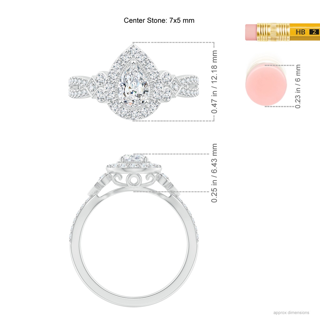 7x5mm GVS2 Vintage Inspired Pear-Shaped Diamond Halo Engagement Ring in P950 Platinum Ruler