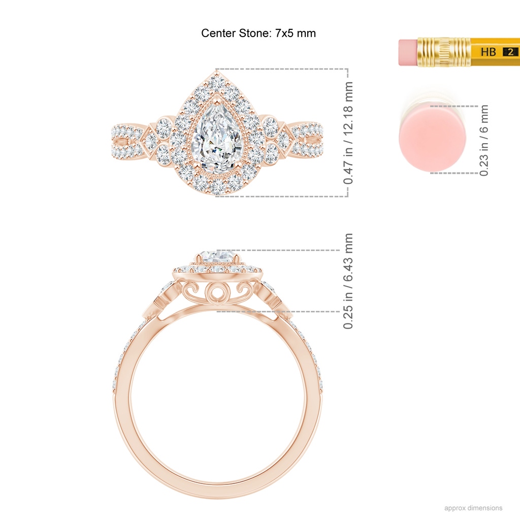 7x5mm GVS2 Vintage Inspired Pear-Shaped Diamond Halo Engagement Ring in Rose Gold Ruler