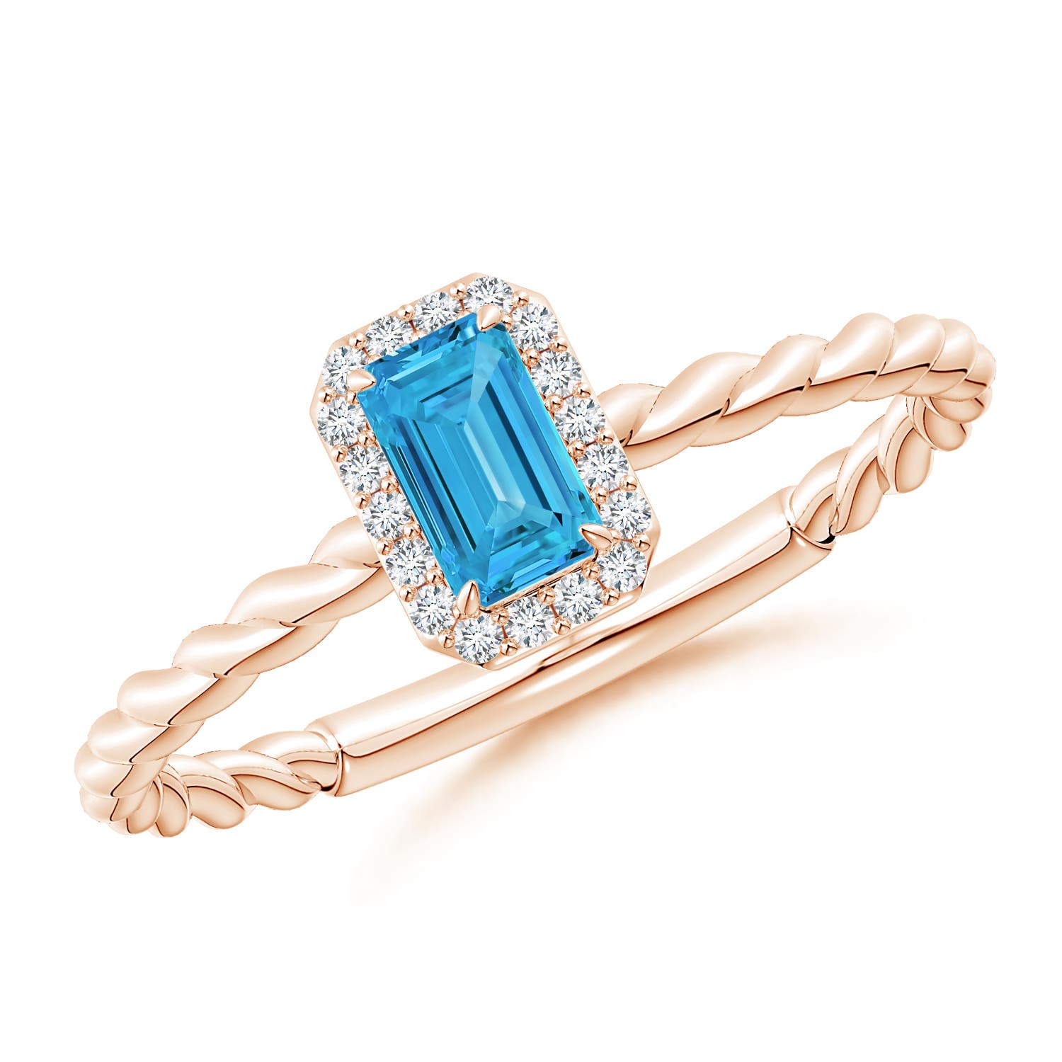 Angara 0.39 CTW Emerald-Cut Fancy Intense Blue Diamond Halo Twisted Shank Ring in 18K Rose Gold