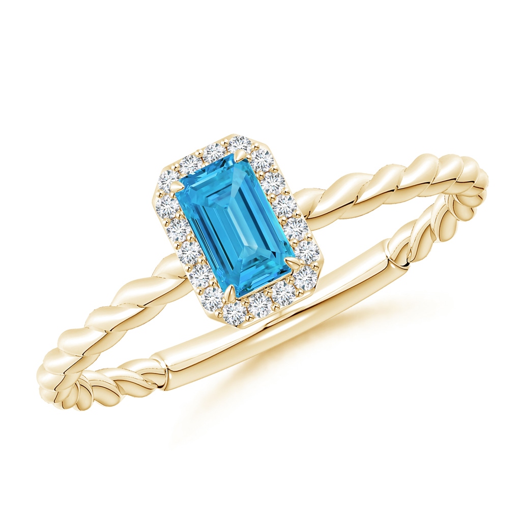 5x3mm AAAA Emerald-Cut Fancy Intense Blue Diamond Halo Twisted Shank Engagement Ring in Yellow Gold