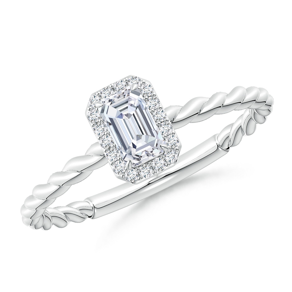 5x3mm GVS2 Emerald-Cut Diamond Halo Twisted Shank Engagement Ring in White Gold