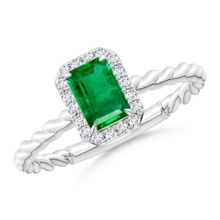 6x4mm AAA Emerald-Cut Emerald Halo Twisted Shank Engagement Ring in White Gold