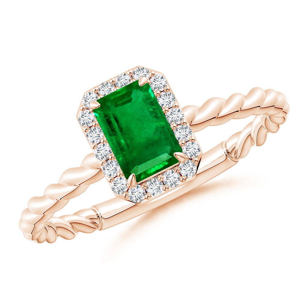 6x4mm AAAA Emerald-Cut Emerald Halo Twisted Shank Engagement Ring in Rose Gold