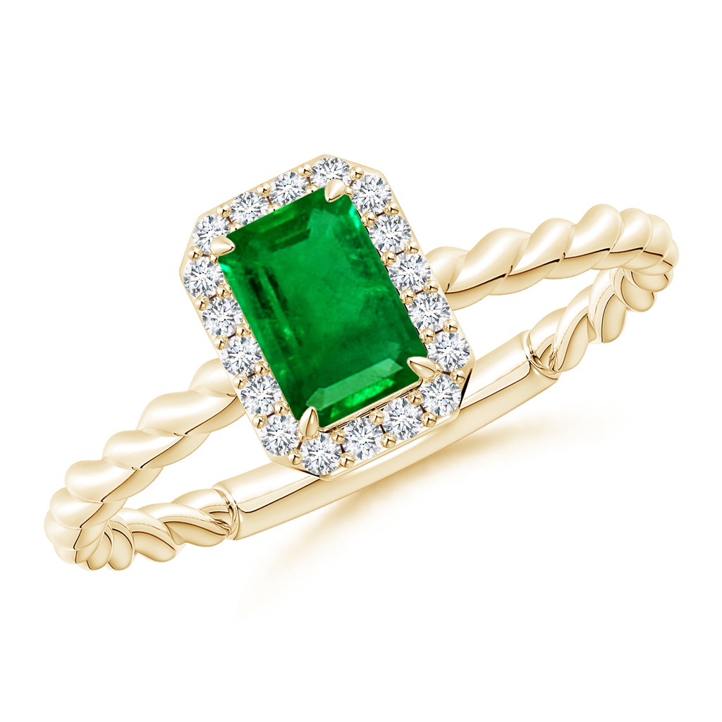 6x4mm AAAA Emerald-Cut Emerald Halo Twisted Shank Engagement Ring in Yellow Gold